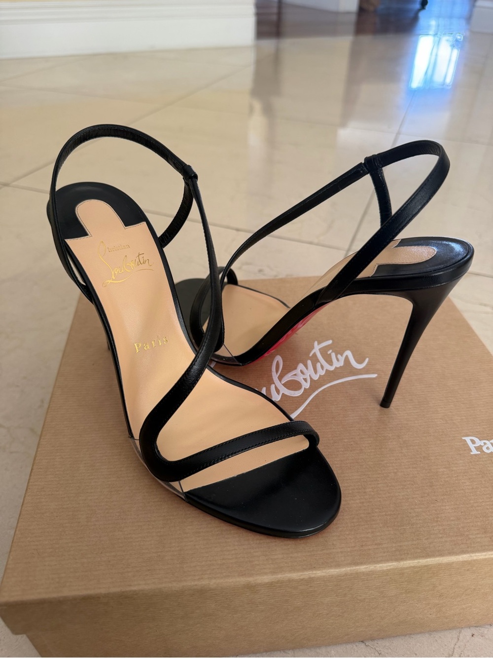 Christian Louboutin Women's Black Leather Slingback Sandal 100mm heel - Picture 2 of 15